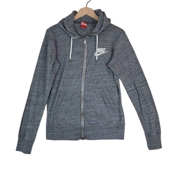 Nike Womens Gray Zip Hoodie Size L Full Zip Fleece Sweatshirt White Swoosh Logo - Picture 1 of 7